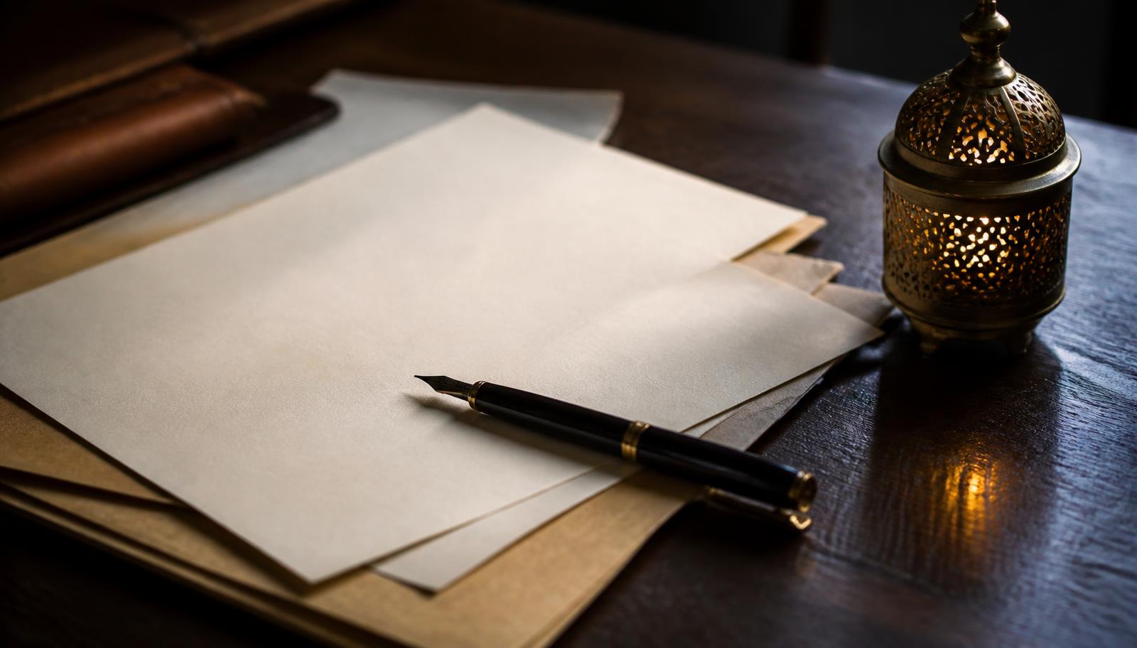 Documenten en een vulpen op een donker bureau naast een Marokkaanse lamp