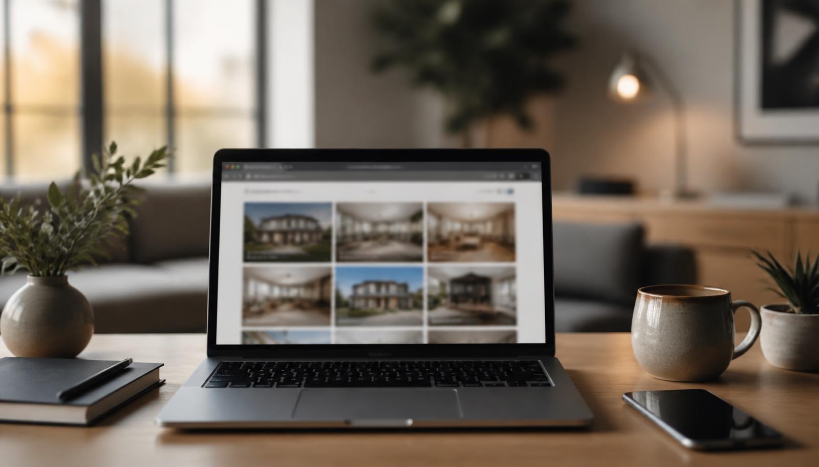 Laptop met woningaanbod op een bureau bij daglicht